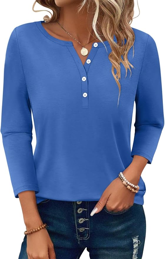 PGANDS Women's 3/4 Length Sleeve T Shirts Button Down Scoop Neck Casual Tops