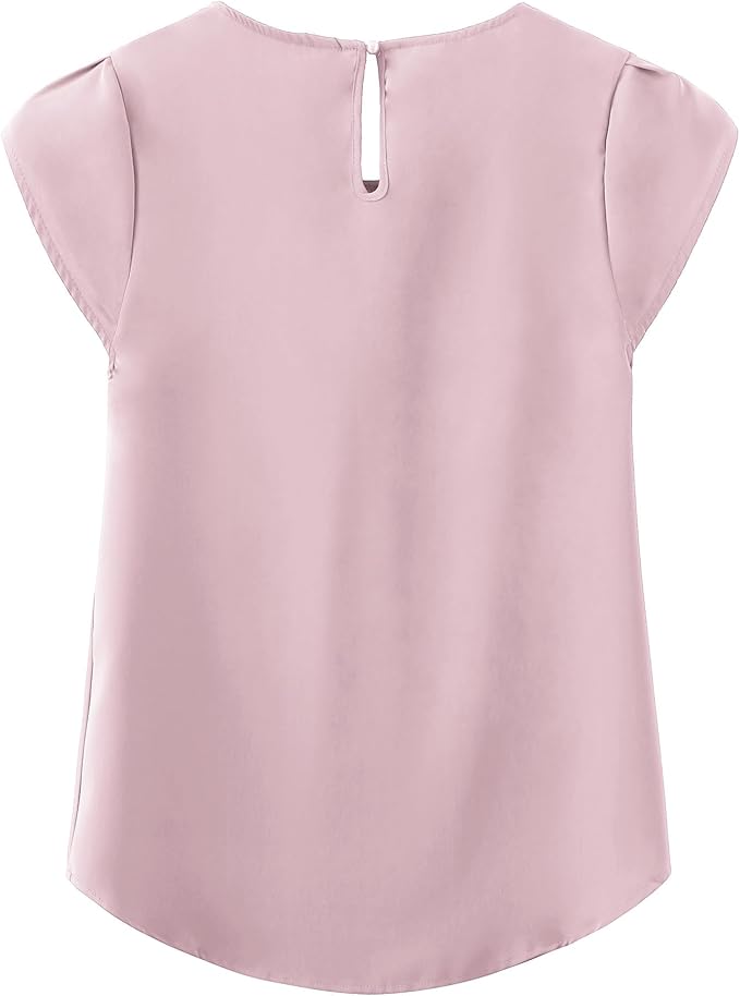 TASAMO Women's Casual Round Neck Basic Pleated Top Cap Sleeve Curved Keyhole Back Chiffon Blouse