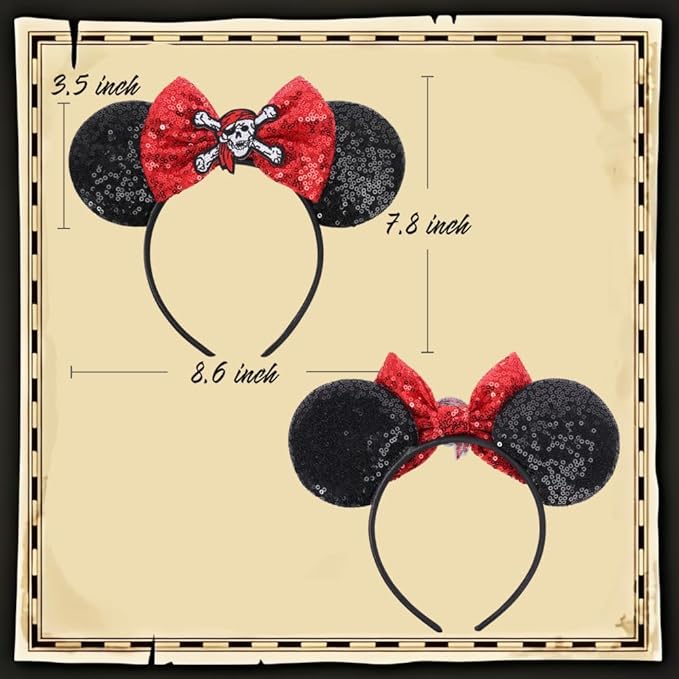 ETLUK Pirate Headband, Mouse Ears with Sequin Bow for Women Boys Girls, Womens Pirate Costume for Cosplay Accessories Party Decorations