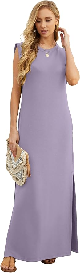 GRECERELLE 2026 Women Year-Round Casual Round Neck Loose Split Wrinkle-Free Long Maxi Vacation Dress with Pockets (XXS-4XL)
