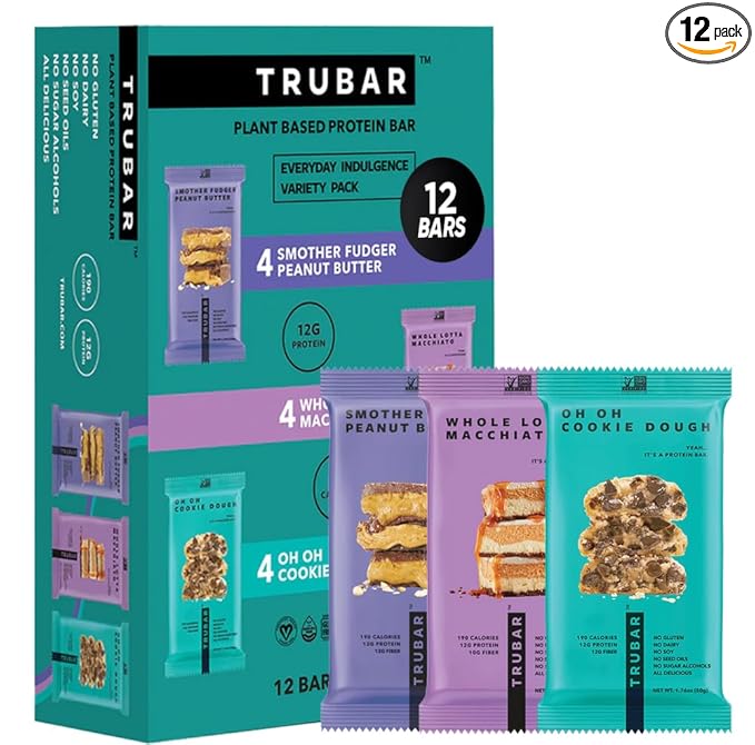 TRUBAR Vegan Protein Bar Variety Pack, Assorted Flavors, Peanut Butter, Macchiato, Cookie Dough, Gluten Free, Vegan Protein Snacks, 12G Plant-Based Protein, High Fiber, Healthy Protein Bars, 12 CT
