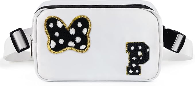 Chenille Initial Letter Bow Mouse Fanny Pack, Waterproof Park Crossbody Bag Christmas Birthday Gifts for Teen Girls Daughter Women Kids Adults, Cute Belt Bag Must Haves for Park Travel (P, White)