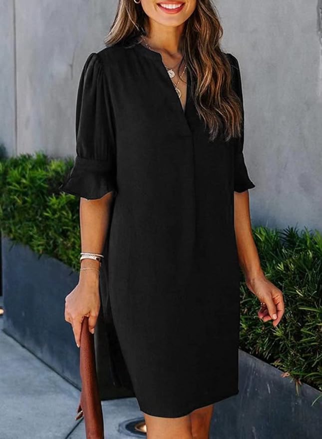 Wkior Shift Dress for Women V Neck Short Sleeves Solid Color Casual Flowy Summer Dresses(S-2XL)