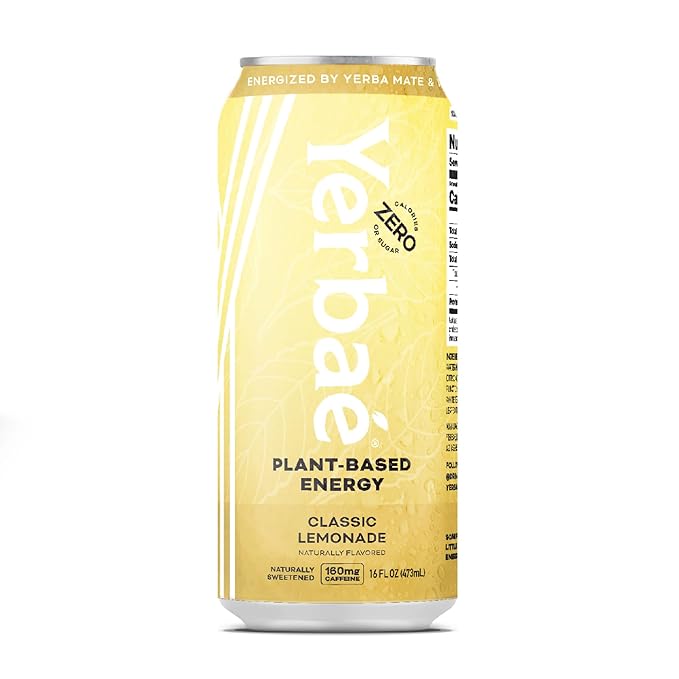 Yerbae Energy Beverage - Classic Lemonade, 0 Sugar, 0 Calories, 0 Carbs, Energized by Yerba Mate, Plant-Based, Healthy Alternative to Sugary Drinks, 16oz cans (12 Pack)