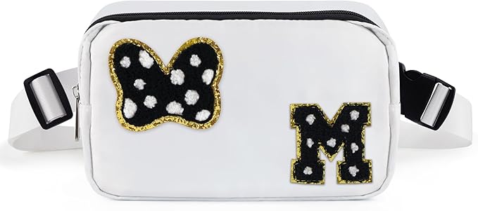 Chenille Initial Letter Bow Mouse Fanny Pack, Waterproof Park Crossbody Bag Christmas Birthday Gifts for Teen Girls Daughter Women Kids Adults, Cute Belt Bag Must Haves for Park Travel (M, White)