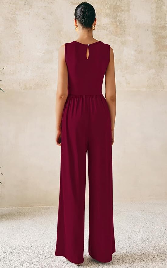 PRETTYGARDEN One Piece Jumpsuits for Women Dressy Casual Sleeveless Crewneck Wide Leg Rompers Jumpers Vacation Summer Outfits