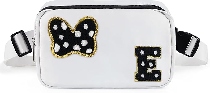 Chenille Initial Letter Bow Mouse Fanny Pack, Waterproof Park Crossbody Bag Christmas Birthday Gifts for Teen Girls Daughter Women Kids Adults, Cute Belt Bag Must Haves for Park Travel (E, White)