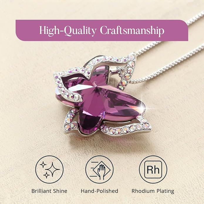 GEMMANCE Gift Butterfly Birthstone Crystal Necklace, Silver Tone with 18”+2” Chain, Necklace for Mother’s Day Anniversary Birthday Gifts for Women and Daughter, Valentine's Day