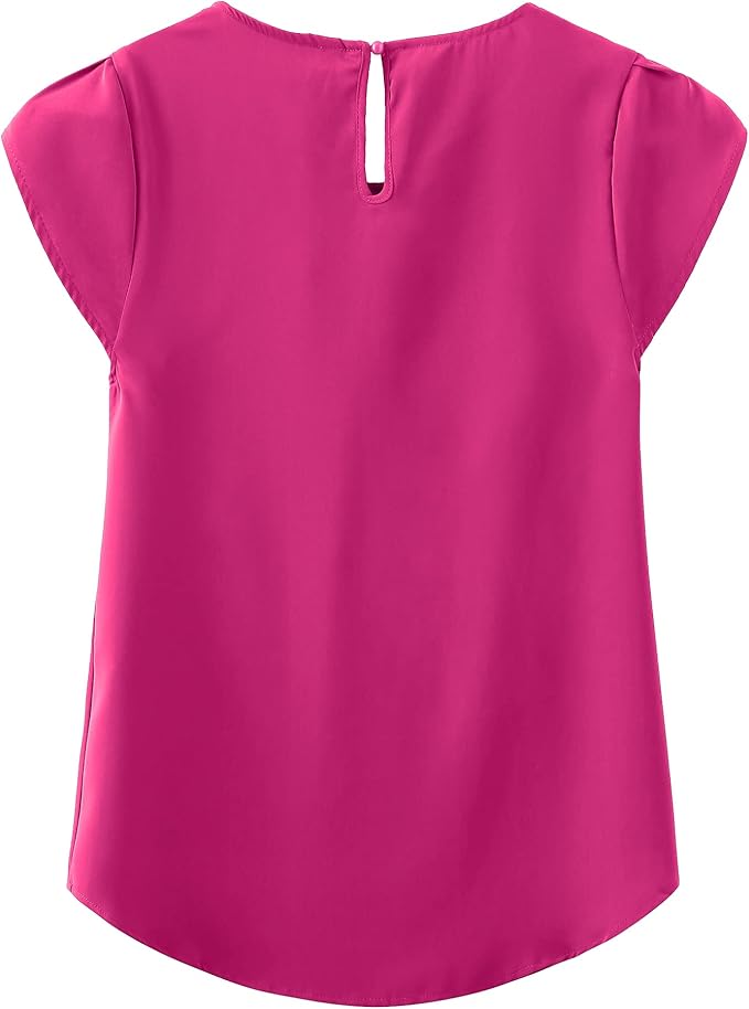 TASAMO Women's Casual Round Neck Basic Pleated Top Cap Sleeve Curved Keyhole Back Chiffon Blouse