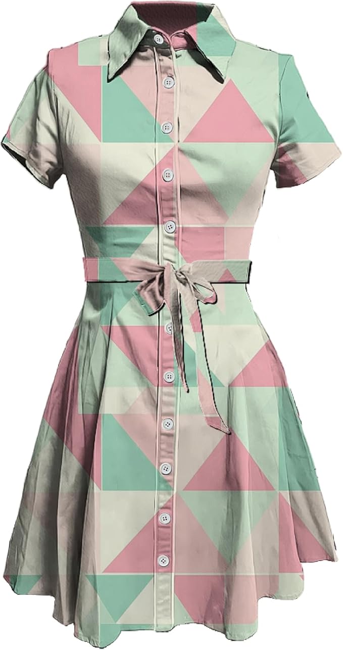 MARSVOVO Cute T Shirt Dress for Women Short Sleeve Button Up Tie Waist Elegant Casual Collared Smocked Midi Dress