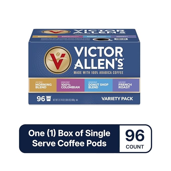Victor Allen's Coffee Variety Pack (Morning Blend, 100% Colombian, Donut Shop Blend, and French Roast), 96 Count, Single Serve Coffee Pods for Keurig K-Cup Brewers