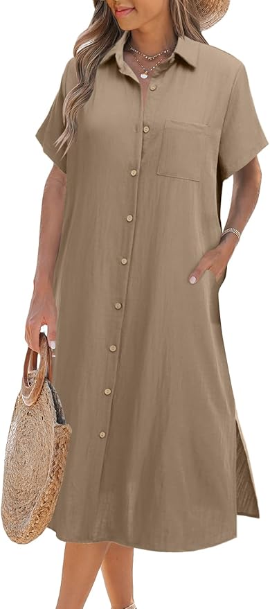 Zeagoo Women Dresses Summer Casual Short Sleeve Button Down Shirt Dresses 2025 Beach Cover Up with Pockets
