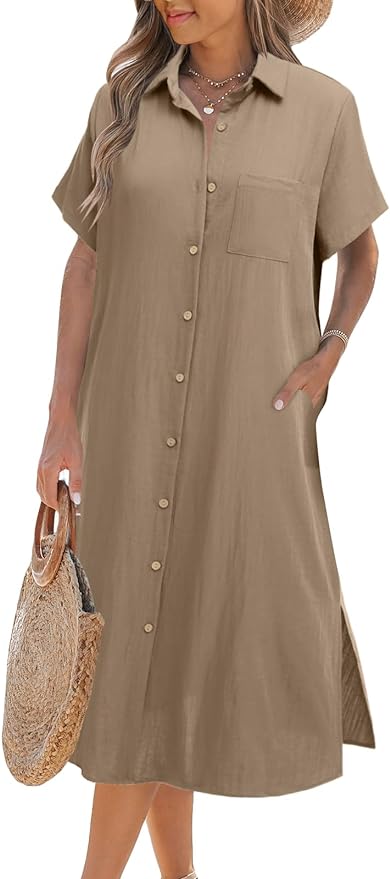 Zeagoo Women Dresses Summer Casual Short Sleeve Button Down Shirt Dresses 2025 Beach Cover Up with Pockets