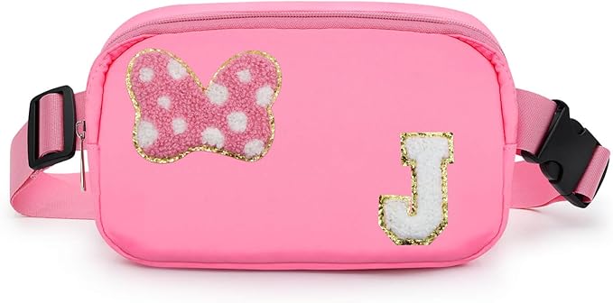 Chenille Initial Letter Bow Mouse Fanny Pack, Waterproof Park Crossbody Bag Christmas Birthday Gifts for Teen Girls Daughter Women Kids Adults, Cute Belt Bag Must Haves for Park Travel (J, Pink)