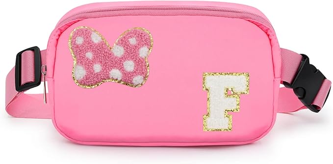Chenille Initial Letter Bow Mouse Fanny Pack, Waterproof Park Crossbody Bag Christmas Birthday Gifts for Teen Girls Daughter Women Kids Adults, Cute Belt Bag Must Haves for Park Travel (F, Pink)