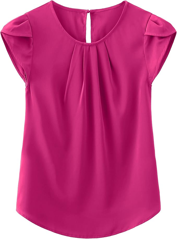 TASAMO Women's Casual Round Neck Basic Pleated Top Cap Sleeve Curved Keyhole Back Chiffon Blouse