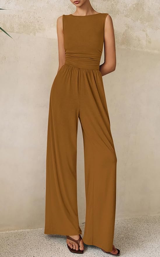 PRETTYGARDEN One Piece Jumpsuits for Women Dressy Casual Sleeveless Crewneck Wide Leg Rompers Jumpers Vacation Summer Outfits