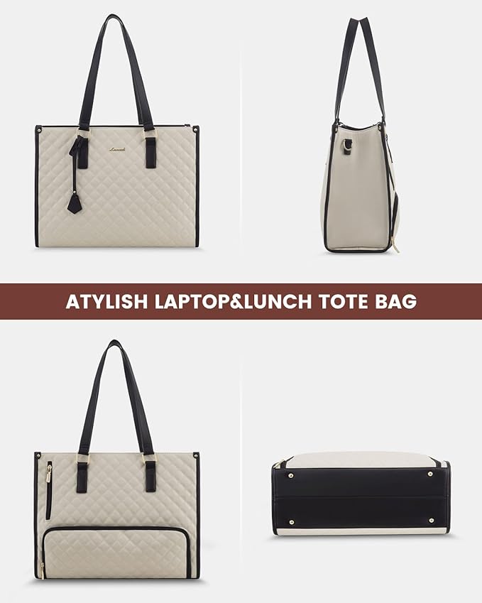 LOVEVOOK Lunch Tote Bag for Women, 17.3 Inch Laptop Bag with Insulated Lunch Compartment, Quilted Large Capacity Computer Handbag with Purse for Business, Work, Nurse, Office, Collage, Casual