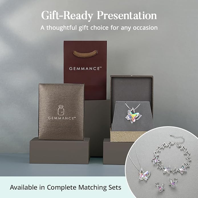 GEMMANCE Gift Butterfly Birthstone Crystal Necklace, Silver Tone with 18”+2” Chain, Necklace for Mother’s Day Anniversary Birthday Gifts for Women and Daughter, Valentine's Day