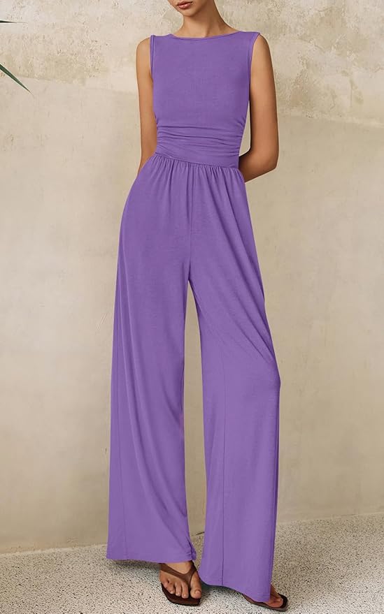 PRETTYGARDEN One Piece Jumpsuits for Women Dressy Casual Sleeveless Crewneck Wide Leg Rompers Jumpers Vacation Summer Outfits