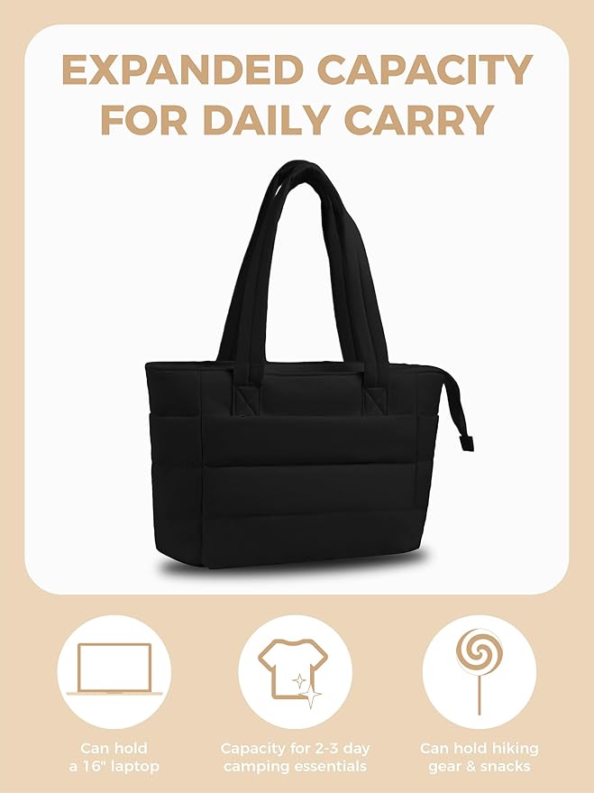 Puffer Tote Bag for Women, Lightweight Laptop Bag with Zipper Quilted Shoulder Bag for Work, Travel, Gym
