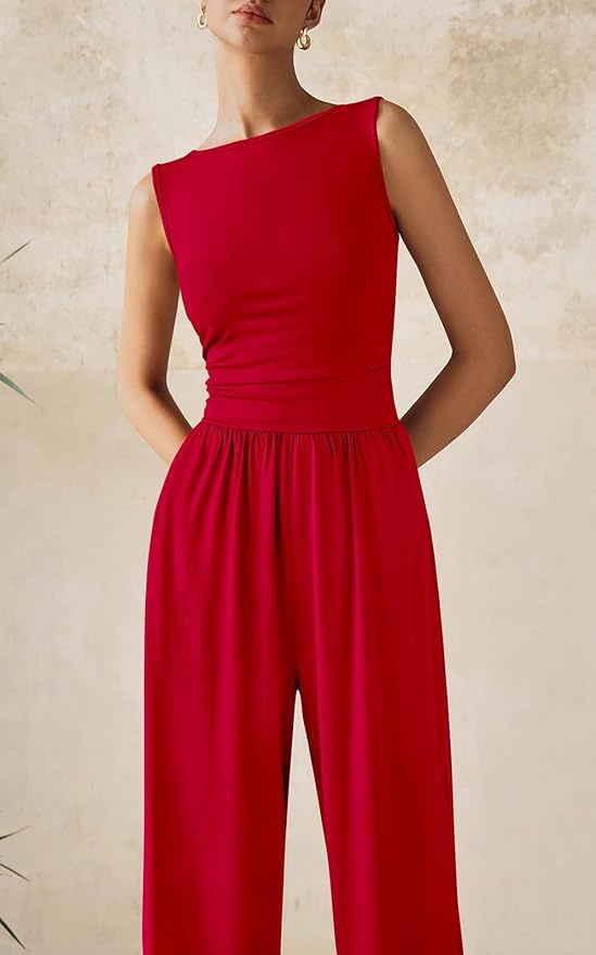 PRETTYGARDEN One Piece Jumpsuits for Women Dressy Casual Sleeveless Crewneck Wide Leg Rompers Jumpers Vacation Summer Outfits