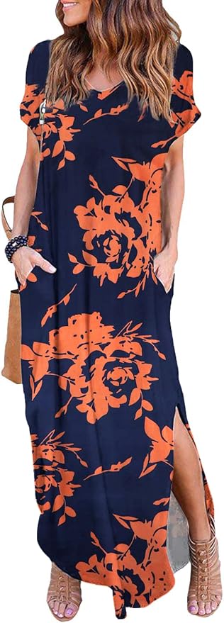 Arolina Women's Summer Maxi Dress Short Sleeve V Neck Casual Loose Long Beach Split Dresses with Pockets