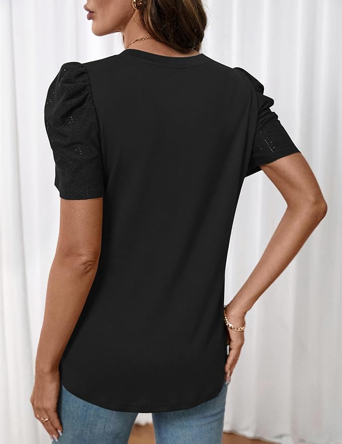 Lomon Spring Summer Tops for Women 2026 V Neck Puff Short Sleeve Tops Fashion Trendy Work Blouses Dressy Casual S-XXL