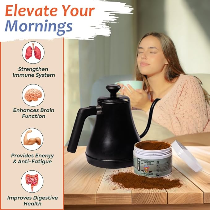 Ambica Instant Mushroom Coffee Ground, USDA Organic With Ten Mushroom Coffee with Lion’s Mane, Reishi, Cordyceps & Chaga for Immnue Support & Gut Health, Better Energy & Focus 24 Servings, 4.23 Oz