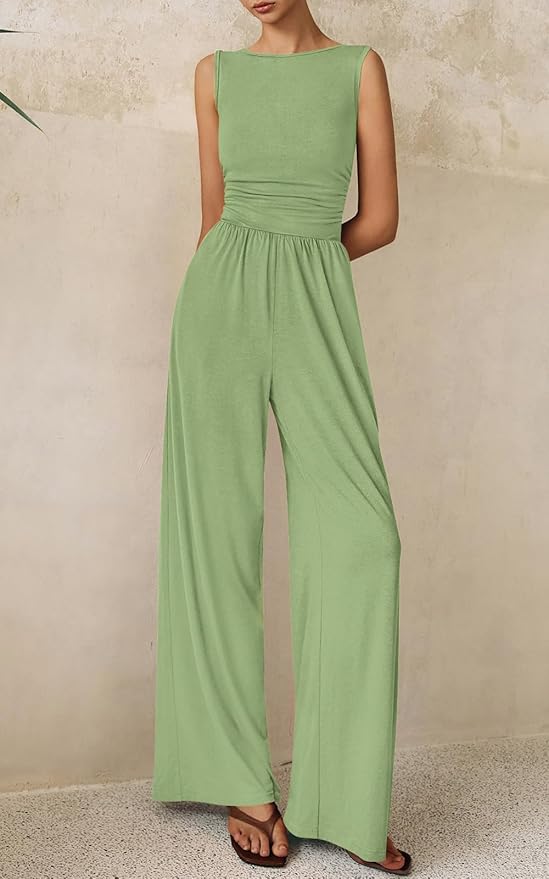 PRETTYGARDEN One Piece Jumpsuits for Women Dressy Casual Sleeveless Crewneck Wide Leg Rompers Jumpers Vacation Summer Outfits