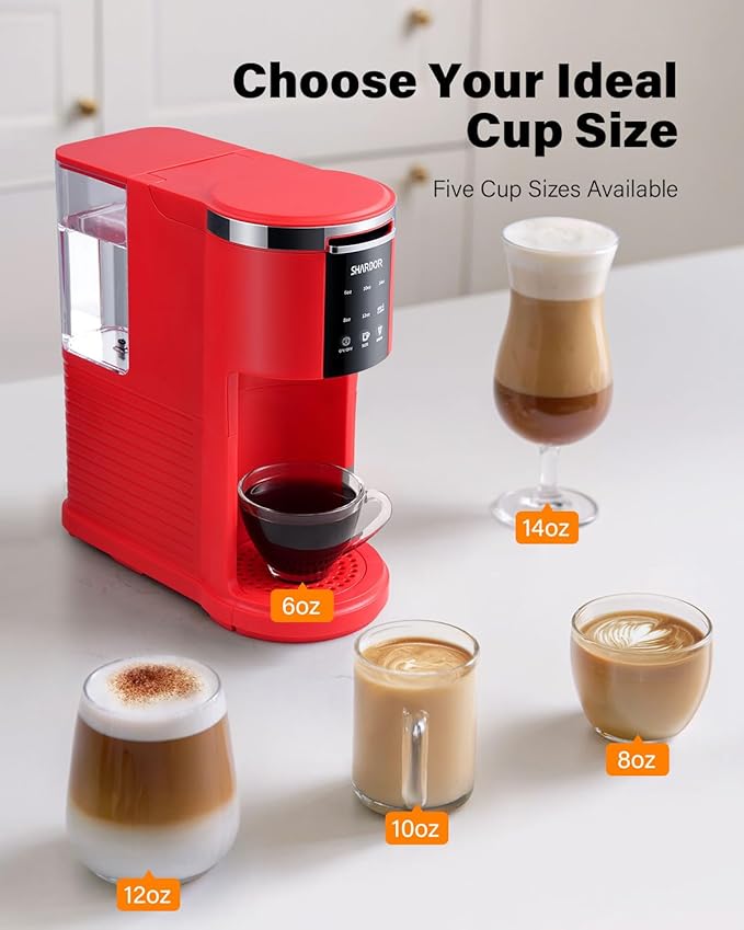 SHARDOR 3 in 1 Coffee Maker, K Cup Coffee Maker Compatible with Ground Coffee & Teas, Single Serve Coffee Machine, 6–14oz Brew Sizes, 40oz Detachable Water Reservoir, Descale Settings, Red