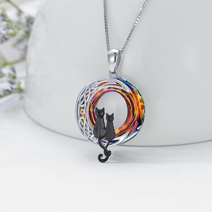 TOUPOP Cat Gifts for Cat Lovers One Two Three Four Cats Necklace Sterling Silver Cats on the Moon Pendant Necklace with Blue Circle Crystal Birthday Christmas Celtic Jewelry Gifts for Women