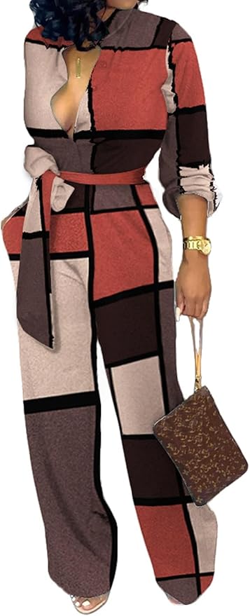 SeNight Women's Jumpsuits Elegant Business Casual Button Down V Neck Long Sleeve Strap Straight Long Pants With Pockets