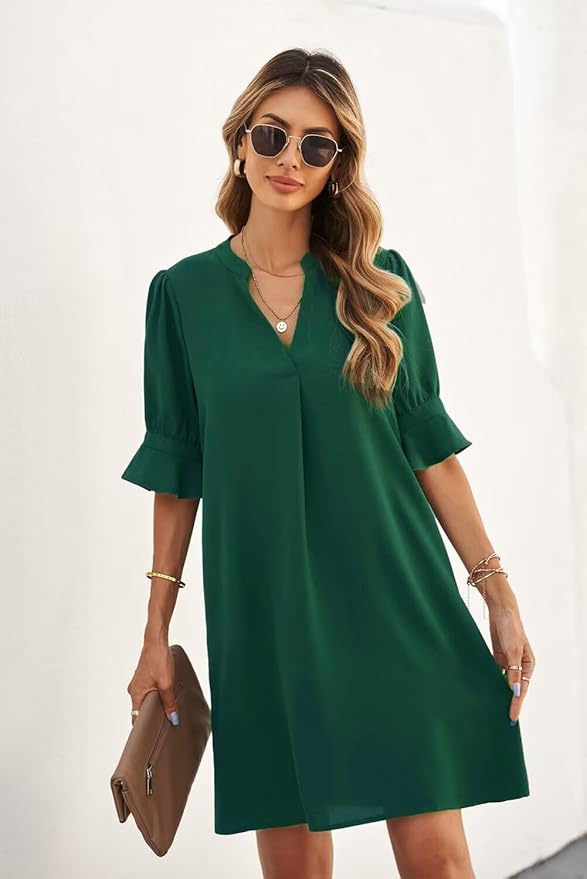 QACOHU Summer Dresses for Women V Neck Ruffle Short Sleeve Casual Shift Dress