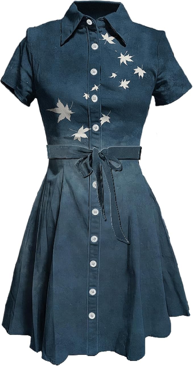 MARSVOVO Cute T Shirt Dress for Women Short Sleeve Button Up Tie Waist Elegant Casual Collared Smocked Midi Dress