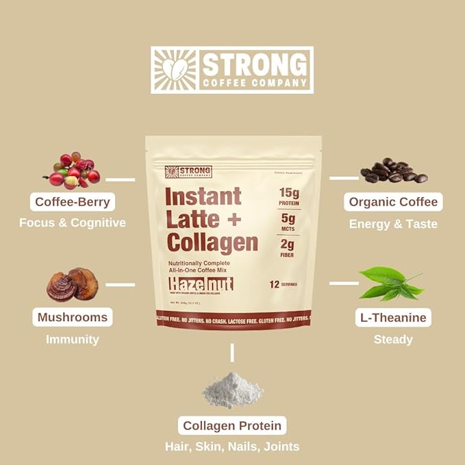 Strong Coffee Co. Hazelnut Instant Latte | Organic Coffee with 15g Collagen Protein | Lion’s Mane & L-Theanine | Nootropic Instant Coffee | 12 Servings
