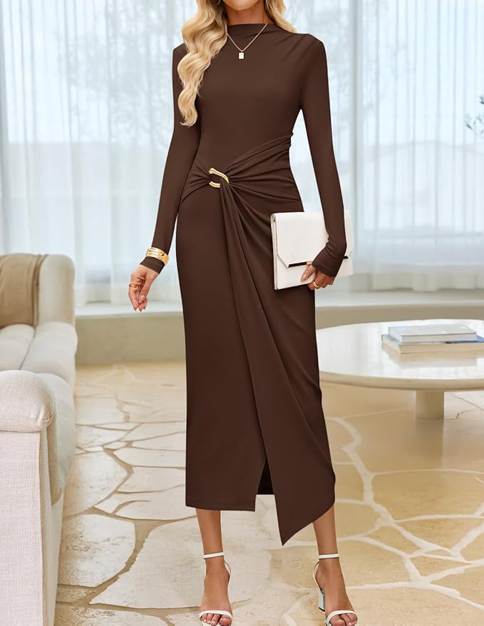 ZESICA Women's 2026 Spring Long Sleeve Bodycon Dress Mock Neck Wedding Guest Cocktail Party Long Midi Dresses