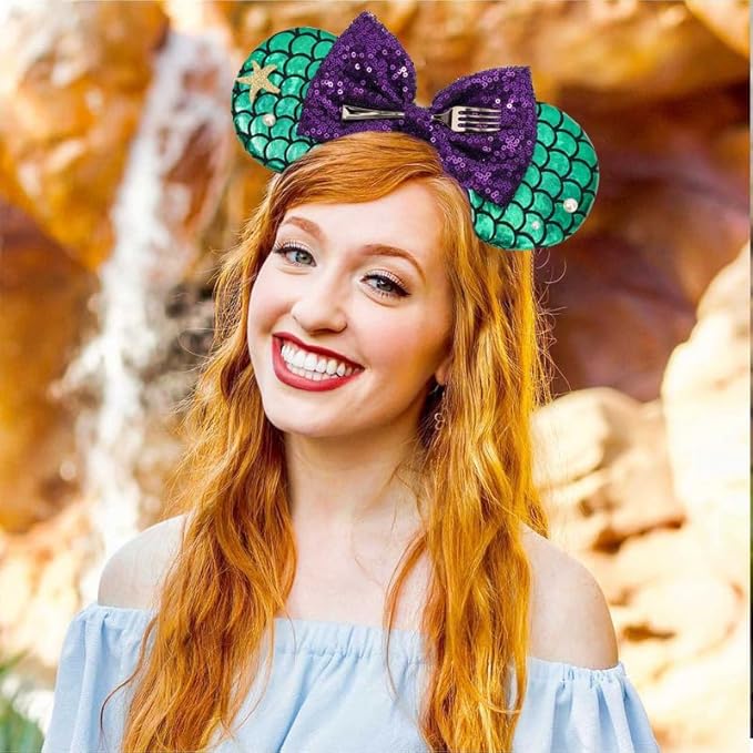 ETLUK Mouse Ears Headband, Mermaid Inspired Mouse Ears Sequin Bow Headbands for Adult Women Girls, Cosplay, Park Ears Party Decorations