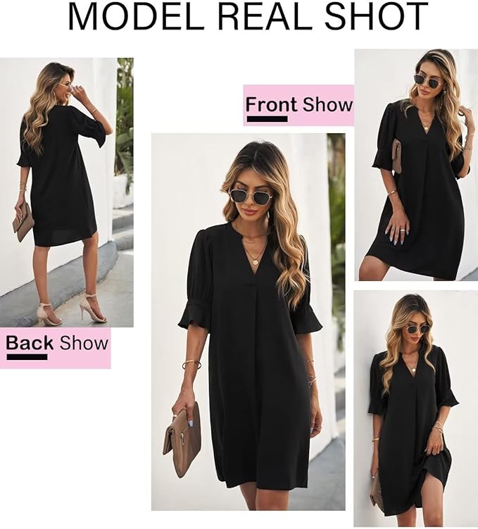 QACOHU Summer Dresses for Women V Neck Ruffle Short Sleeve Casual Shift Dress