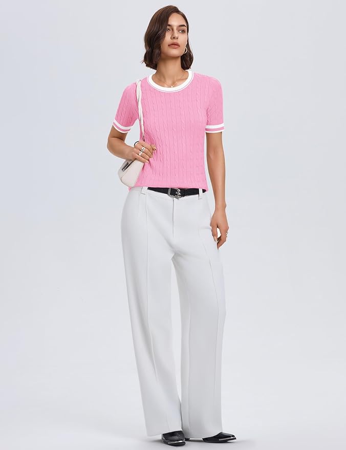 Micoson Womens Short Sleeve Cable Knit Sweater Tops Crewneck Lightweight Spring Summer Shirts Business Dressy Casual Outfits