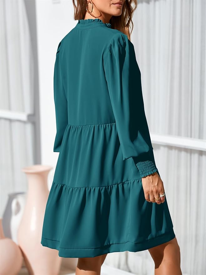 Imily Bela Womens Fall Long Sleeve Tunic Dress Casual V Neck Loose Ruffle Tiered Dress