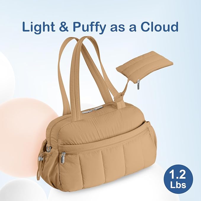 TOPDesign Travel Duffel Bag for Women, Puffer Gym Bag Sports Tote with Wet Pocket, Carry On Weekender with Luggage Sleeve (Khaki)