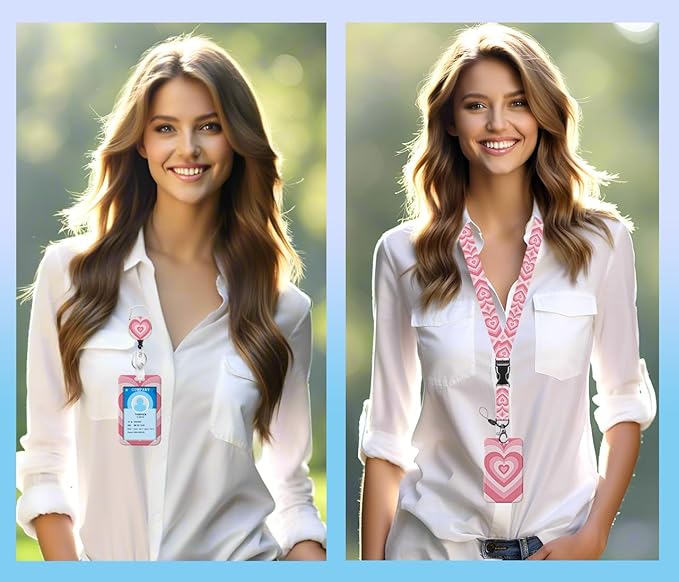 Lanyard for ID Badge Holder Badge Reel Pink Heart for Man Women Cute Nurse Teacher Name Tag Clip Retractable Keychain Heavy Duty Work Office Gifts Accessories