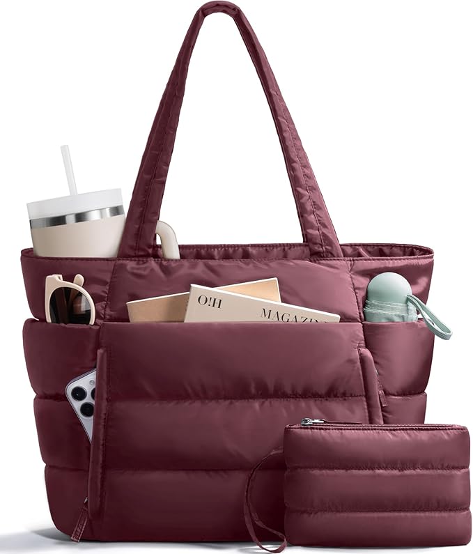 Puffer Tote Bag for Women, Lightweight Puffy Work Handbag Teacher Nurse Quilted Shoulder Bag for School Travel Gym | Quilted, with Zipper, Daily Carry On Bags, Comfy College Bags, 15.6" Laptop Sleeve, Cup Holder Pocket, Portable, Spacious