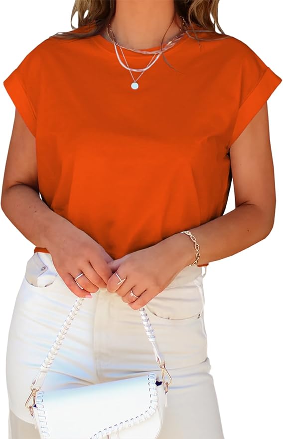 Tankaneo Womens Short Sleeve Cropped T-Shirts Summer Rolled Dolman Sleeve Crop Tops Casual Round Neck Solid Short Basic Tees