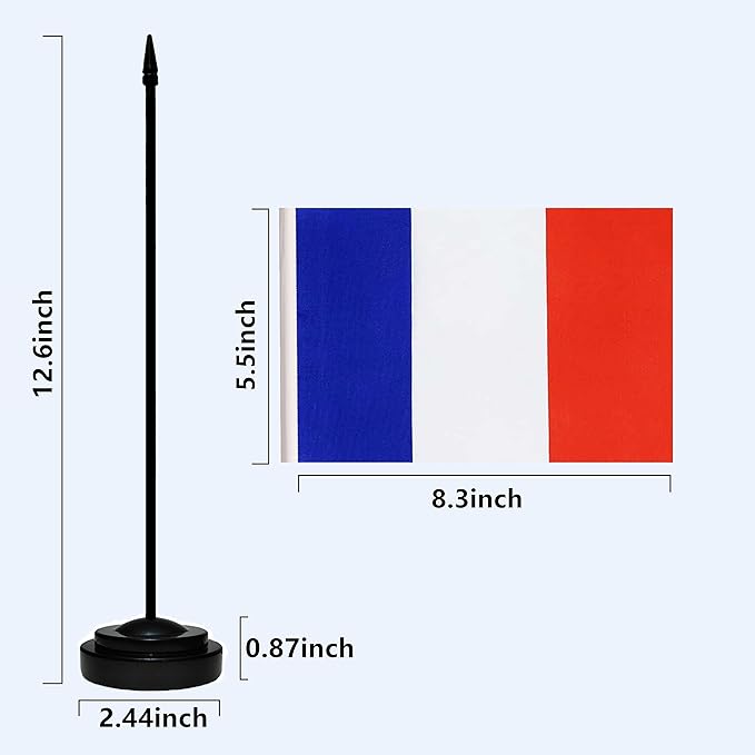 USA American & France French Desk Flags, US France Office Table Flag, Small Mini Miniature French and US Desktop Flag With 13" Solid Black Pole, Black Base