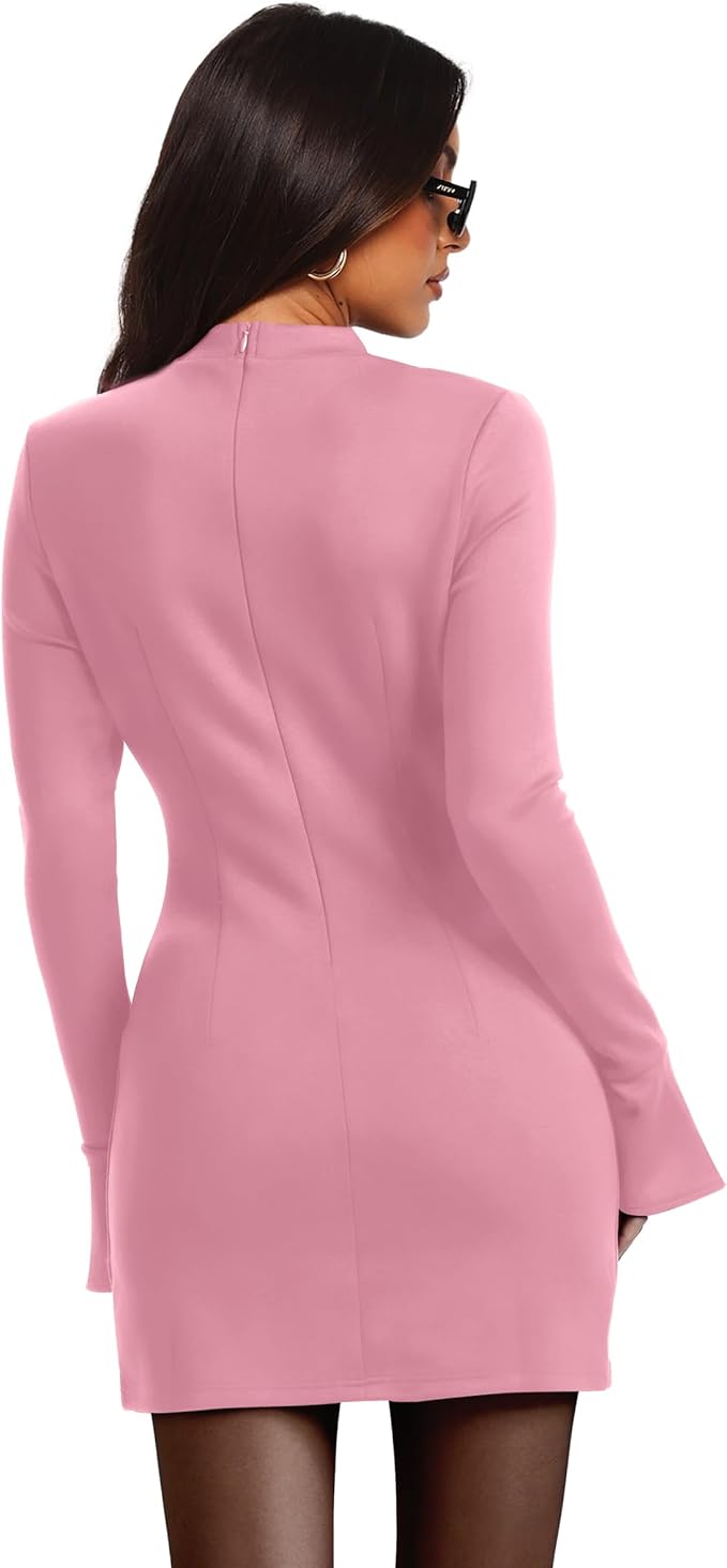 OFEEFAN Women's Fall Long Sleeve Mock Neck Dress Basic Party Club Bodycon Mini Dresses
