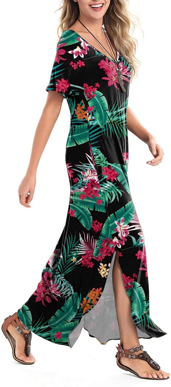 Arolina Women's Summer Maxi Dress Short Sleeve V Neck Casual Loose Long Beach Split Dresses with Pockets