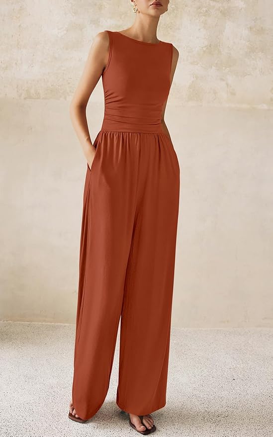 PRETTYGARDEN One Piece Jumpsuits for Women Dressy Casual Sleeveless Crewneck Wide Leg Rompers Jumpers Vacation Summer Outfits