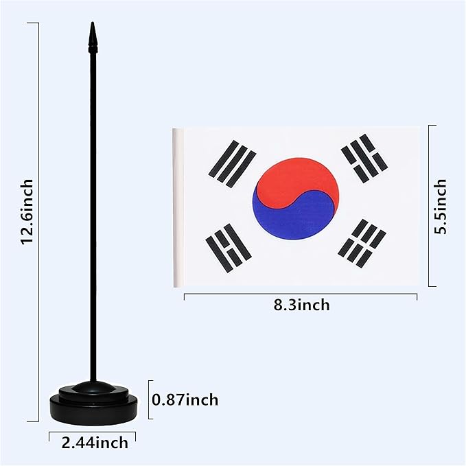 USA American & South Korea S Korean Desk Flags, US South Korea Table Flag, Small Mini American & S Korean Twin Table Office Flag, Miniature S Korean and US Desktop Flag With 13" Solid Black Pole, Black Base